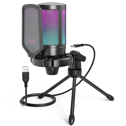 FIFINE Gaming USB Microphone for PC PS5, Condenser Mic with Quick Mute, RGB Indicator, Tripod Stand, Pop Filter, Shock Mount, Gain Control for Streaming Discord Twitch Podcasts Videos- AmpliGame