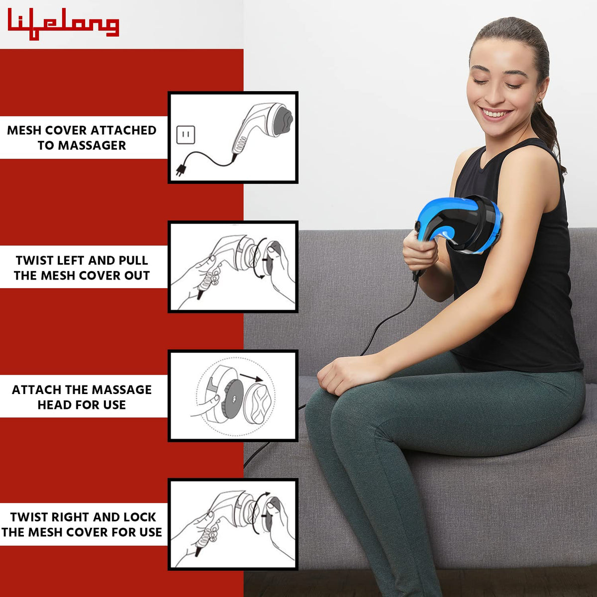 Lifelong Powerful Handheld Corded Electric Massager for Pain Relief | Body Massager (LLM576, Black, 1 Year Warranty)