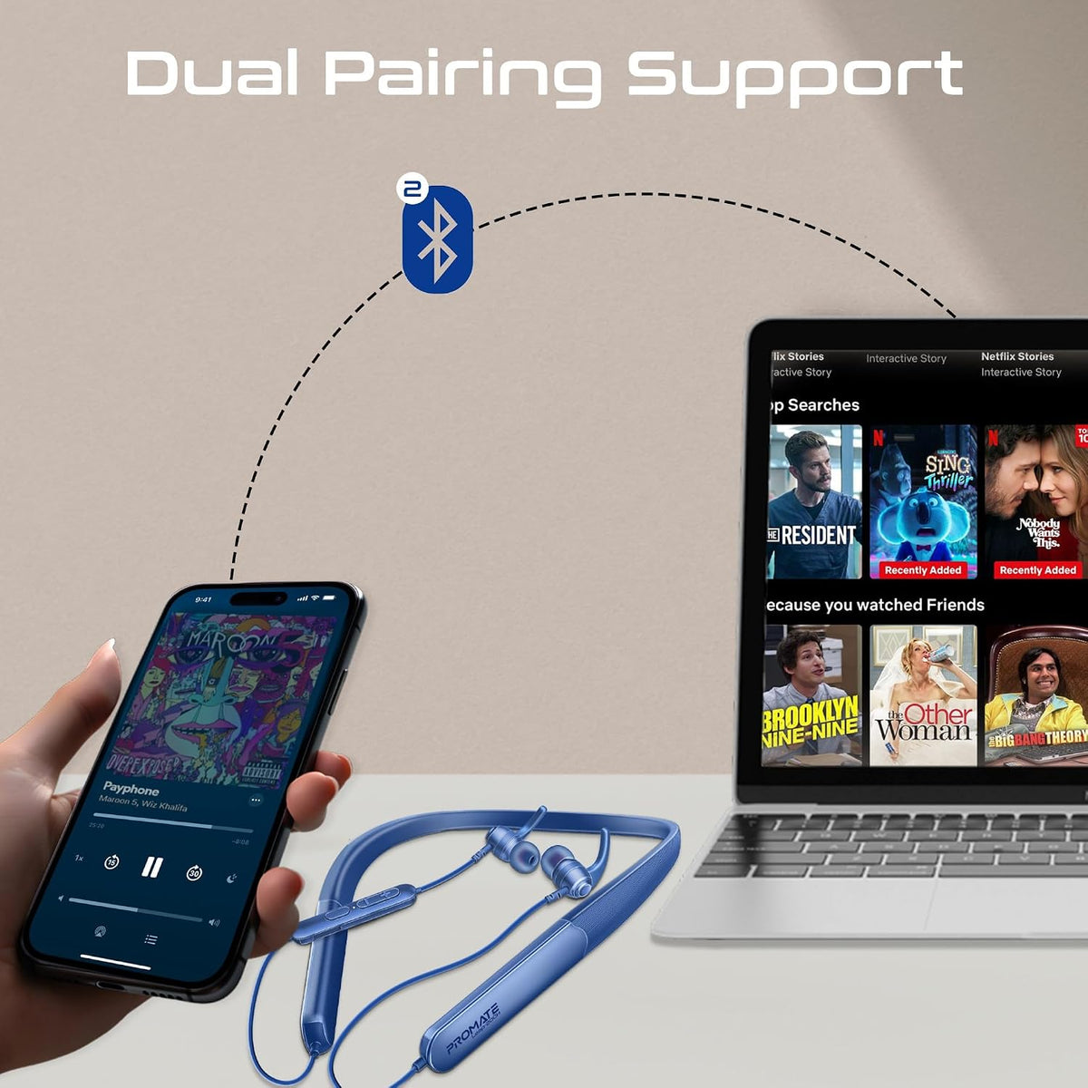 Promate High-Fidelity Wireless Neckband Earphones with 200-hour Playtime, ENC Call Noise Cancellation, Multi Connection with Two Devices, Bluetooth V5.4, Omni-Directional Mic, IPX5 Water- Resistance