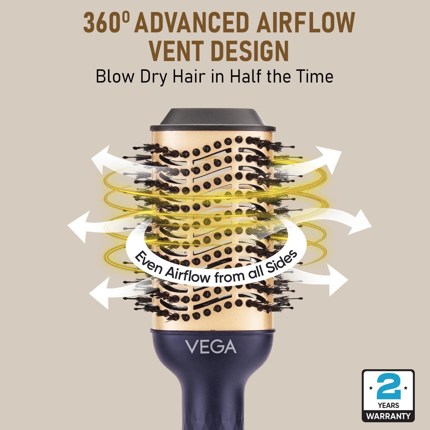 Vega Pro Volumizer Hair Blow Dryer Brush, 3 in 1 Hot Air Brush, 360° Airflow Vent, 2 in1 Quick Drying & Styling, 3 Heat/2 Speed Settings, Hair Dryer Brush, Blowout Volumizer Brush(1000-1200W, VHSD-02)