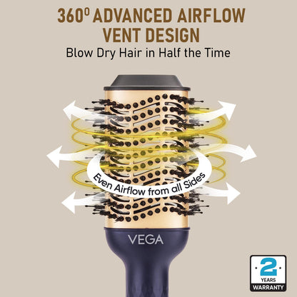 Vega Pro Volumizer Hair Blow Dryer Brush, 3 in 1 Hot Air Brush, 360° Airflow Vent, 2 in1 Quick Drying & Styling, 3 Heat/2 Speed Settings, Hair Dryer Brush, Blowout Volumizer Brush(1000-1200W, VHSD-02)