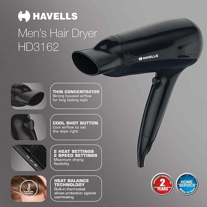 Havells HD3162 Men's 1565 Watts Powerful Hair Dryer with Thin Concentrator and Cool Shot Button; Heat Balance Technology (Black)