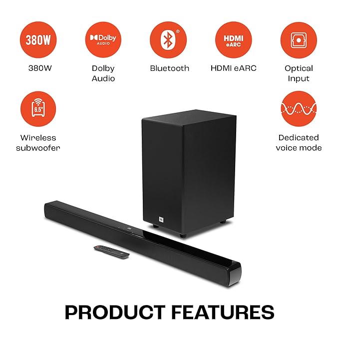 JBL Cinema SB190 Deep Bass, Dolby Atmos Soundbar with Wireless Subwoofer for Extra Deep Bass, 2.1 Channel with Remote, Sound Mode for Voice Clarity, HDMI eARC, Bluetooth & Optical Connectivity (380W)