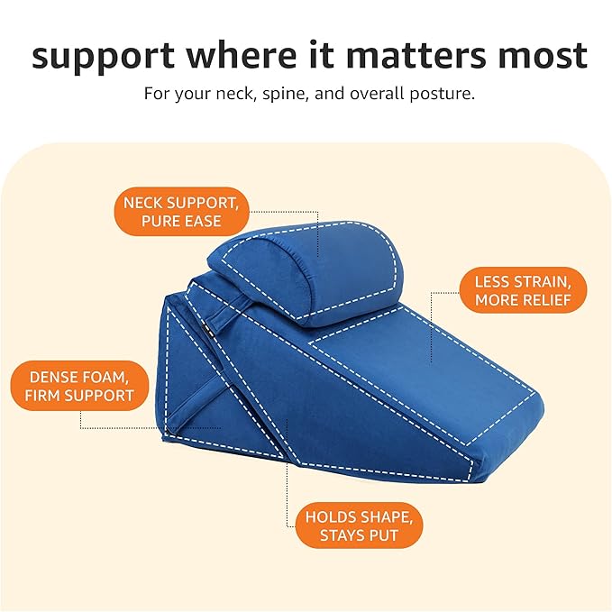 Amazon Basics Orthopedic Adjustable Wedge Pillow-Memory Foam with Head Rest-Back Support for Bed, Leg Elevation, Acid Reflux, GERD, Snoring |6 Months Warranty-Soft Washable Cover-Blue,22 x 22 x 12 in