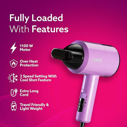 AGARO HD-1211 Hair Dryer 1100 Watts, 2 Heat Speed and Cool Mode, Foldable (Compact in Size) Purple