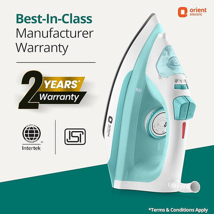 Orient Electric Fabrifeel | 2000W Steam iron (Press)| Non-stick Soleplate | 360-degree swivel cord| U-shaped heating element| Vertical & Horizontal Ironing| | ISI certified | 2-year warranty