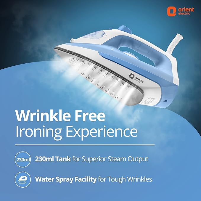 Orient Electric FabriFeel | 1600W Steam iron (Press) | Non-stick Weilburger coating| 360-degree swivel cord| U-shaped heating element| Vertical & Horizontal Ironing| |ISI certified | 2-year warranty