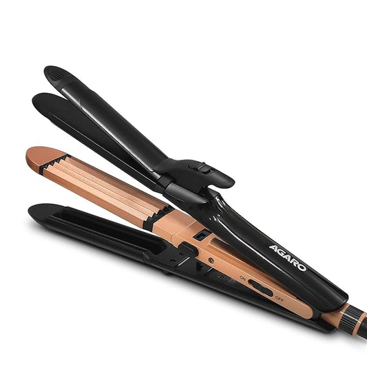 AGARO 4 in1 hair Straightener,Wavy Hair, Crimper, Curler, Hair Styler, Keratin Infused Ceramic Coated Plate, Variable Style Settings, Hair Styling, Black & Rose Gold, HS1719 (Black)