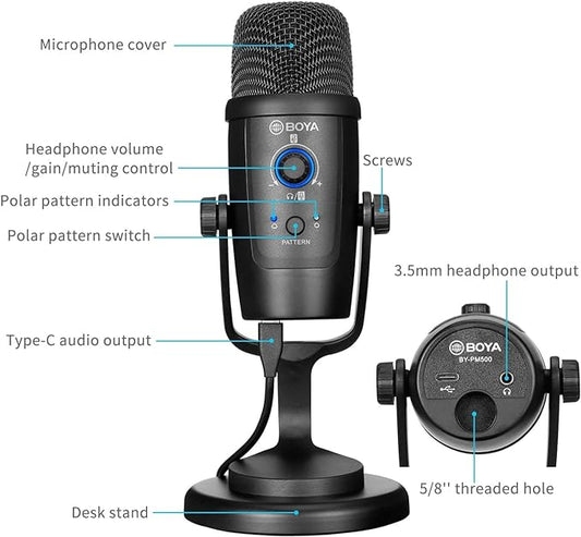 Boya BY-PM500 USB Microphone Compatible with C-Type Smartphones, Computers with USB Port. for Youtubers, Music Creators, Podcasters