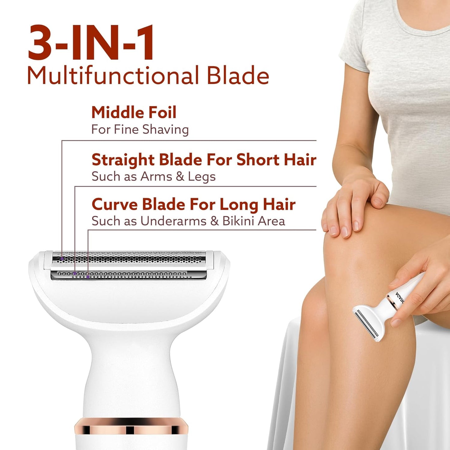 AGARO Female Multi Trimmer – Facial Hair Removal Machine, Bikini Trimmer, Eyebrow & Nose Hair Trimmer Painless body hair trimming Type-C charging, up to 90 minutes runtime, White 3117