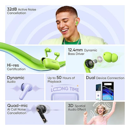 Realme Buds T200 True Wireless Earbuds with Hi-Res Audio, 12.4mm Dynamic Bass Drivers, 32 dB ANC, Quad Mic, 45ms Latency, Upto 50 Hrs Playback, Fast Charge, IP55 Rated, BT 5.4 (Dreamy Purple)