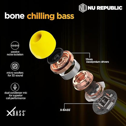 Nu Republic Epic ANC TWS Earbuds with Upto 64 hrs Playtime, 13mm Neodymium Driver, XBass® Technology, ANC + ENC Quad Mics, Hall Sensor Function, Dual Mode (Game/Music), Fast Charging - (Black/Yellow)