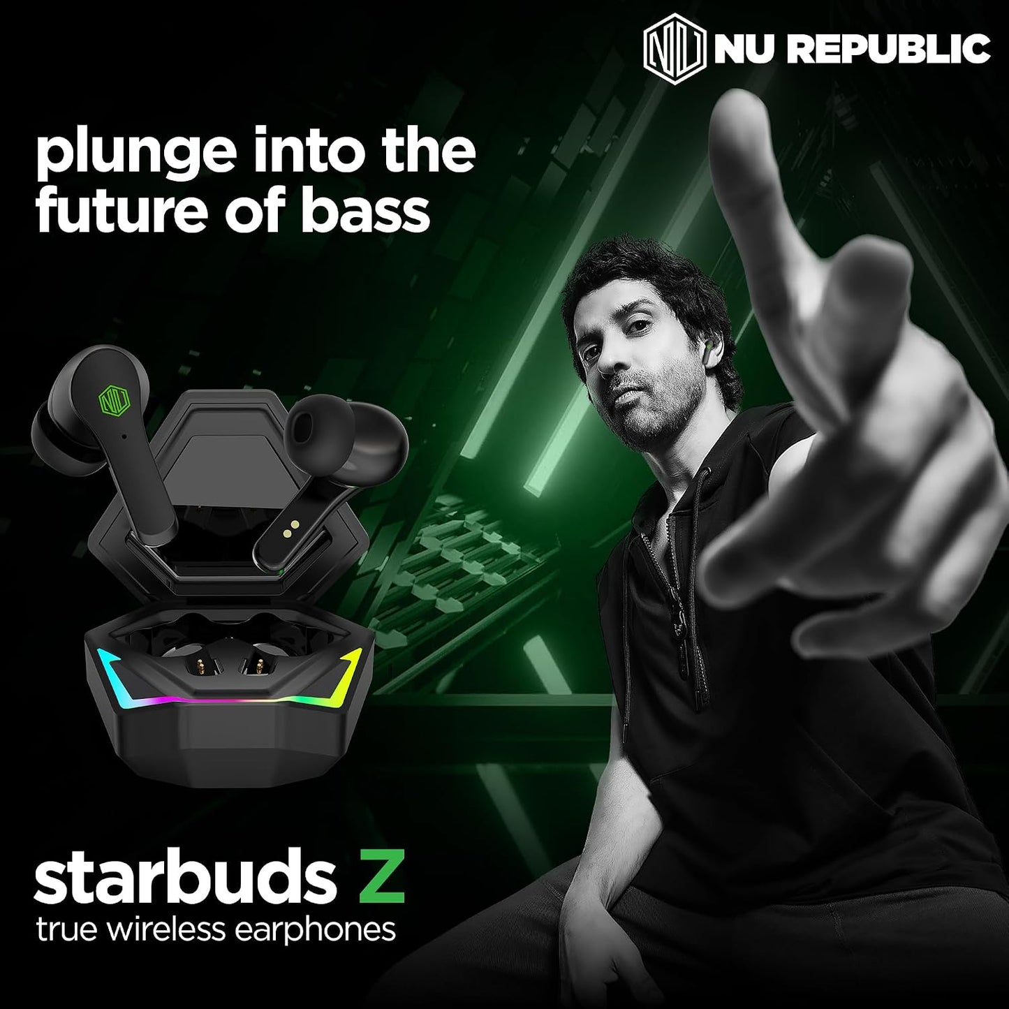 Nu Republic Starbuds Z Truly Wireless in Ear Earbuds with X-Bass Technology, ENC Technology, 56 Hrs Playtime, TWS with Mic and Hall Sensor Function, Bluetooth V5.3, Type-C Fast Charging (Black)