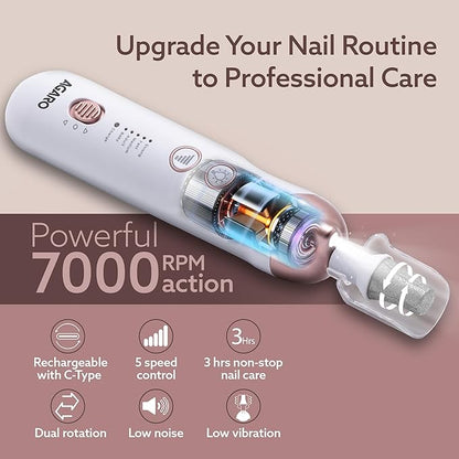 AGARO Prima Nail Drill & Polisher, Professional Nail Care at Home, Electric Nail Polisher, Manicure & Pedicure, Shape, Trim & Polish, 5 Speed, 8 Attachments, Rechargeable with Type C, Women, Men
