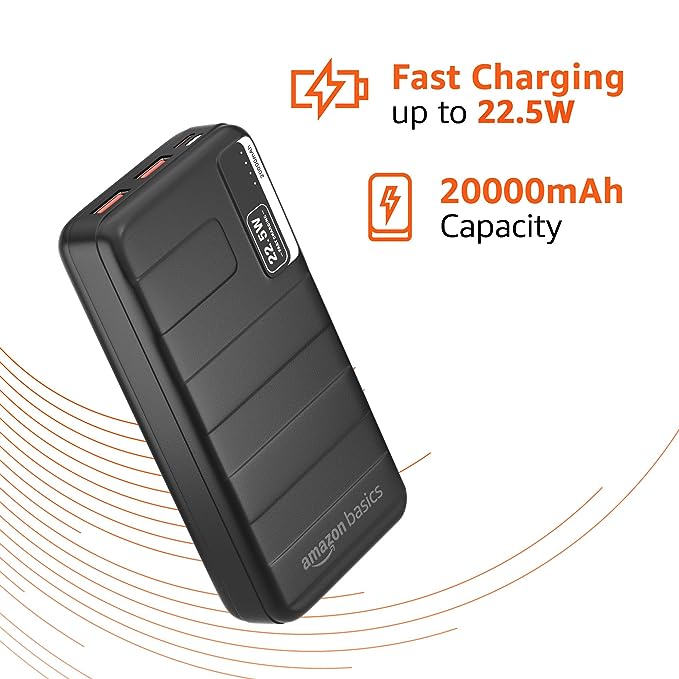 Amazon Basics 20000mAh 22.5W Lithium-Polymer Power Bank | Dual Input, Triple Output | Fast Charging, Black, Type-C Cable Included