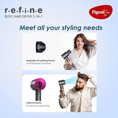 Pigeon Elegant BLDC 1600 Watts | 2 In 1 Hair Dryer| 3 Speed & 4 Temperature settings| Ionic technology for Smoother, Healthier and Shiner Hair| 360 Degree Rotating Cord| For Women| 2 Years Warranty