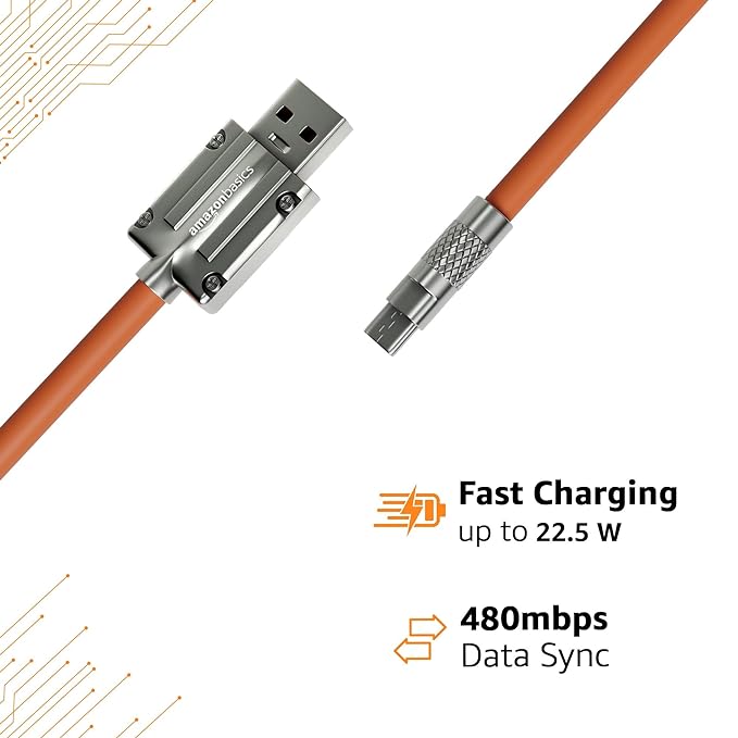 Amazon Basics Type A to Type C Cable with Metal Connectors |22.5W Fast Charging and 480Mbps Data Transfer Speed |1.2m Silicone Cable, Sunset Orange