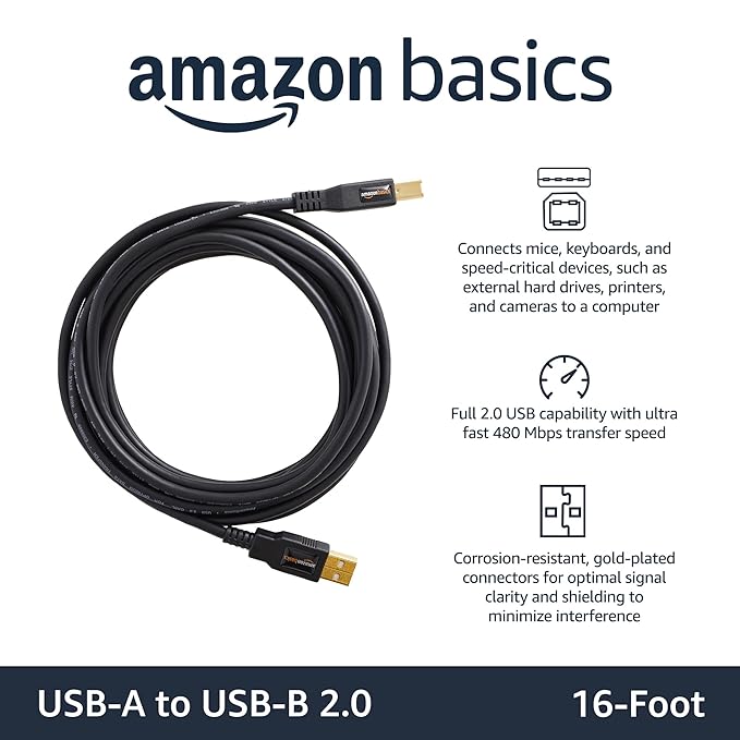 Amazon Basics USB 2.0 Cable - A-Male to B-Male for Personal Computer, Printer - 16 Feet (4.8 Meters, Black)