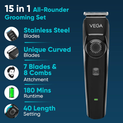 Vega OG 15 in 1 Trimmer for Men | Men Beard |All Rounder Grooming Set with 3 Hrs Non-Stop Runtime | for Body, Man- Face, Nose & Private Parts | USB Type C, 2 Year Warranty, (VHTH-37)