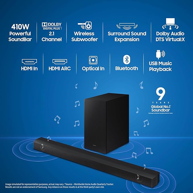 Samsung Soundbar (HW-B55E/XL), 2.1 Channel, Wireless Subwoofer, Dolby 2ch & DTS Virtual X Experience Sound, AI Adaptive Sound Lite, Energy Star (Black)