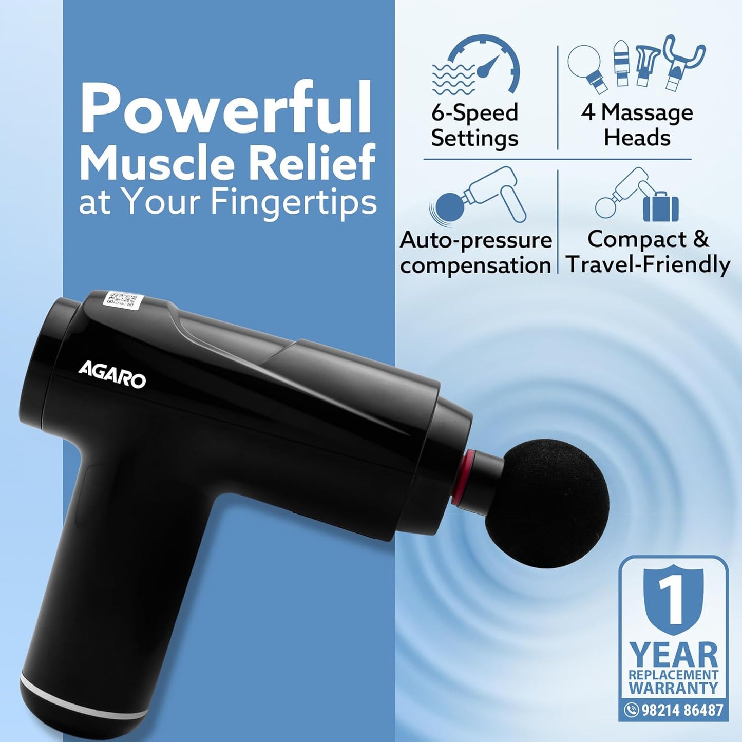 AGARO Primo Gun Massager, 4 Heads, 6 Speed, Rechargeable, Handheld, Deep Tissue Muscle Massager for Full Body Relief, Muscle Relaxation of Neck, Shoulder, Back, Foot for Men & Women, Black.