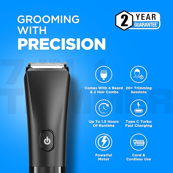 Havells Beard & Hair 7 in 1 Trimmer |2-in-1 Special Blade| Comes with 4 Beard & 2 Hair Combs|Type C Turbo Charge|No Nicks & Cuts|2 Year Guarantee|BT4001