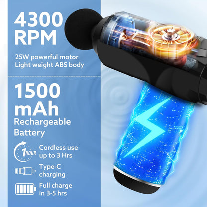 AGARO Primo Gun Massager, 4 Heads, 6 Speed, Rechargeable, Handheld, Deep Tissue Muscle Massager for Full Body Relief, Muscle Relaxation of Neck, Shoulder, Back, Foot for Men & Women, Black.