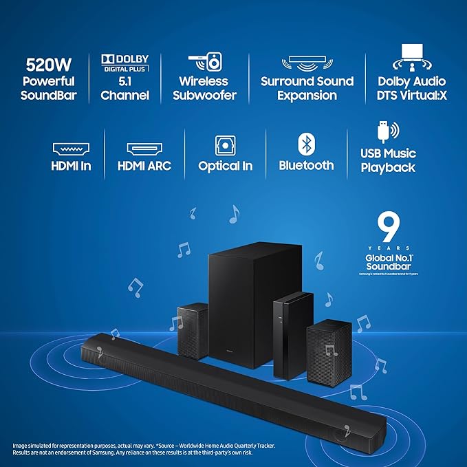 Samsung Soundbar (HW-B67E/XL) Wireless Subwoofer,Dolby 5.1ch & DTS Virtual X Experience Sound