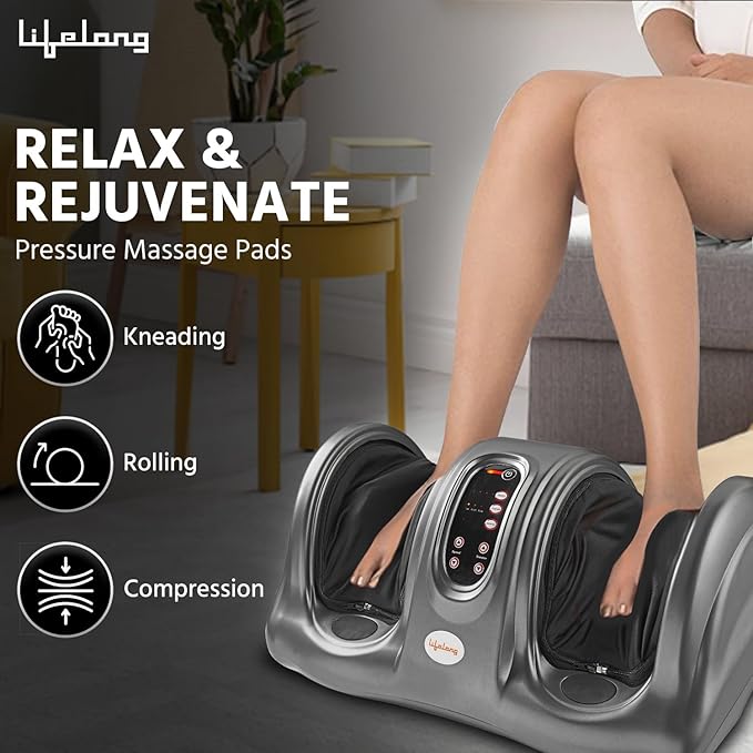 Lifelong Foot Massager Machine For Pain Relief With Kneading Function - Also Used As Leg Calf Massager - Corded Electric Foot Massage Machine For Home With Customizable Settings (LLM360), Grey