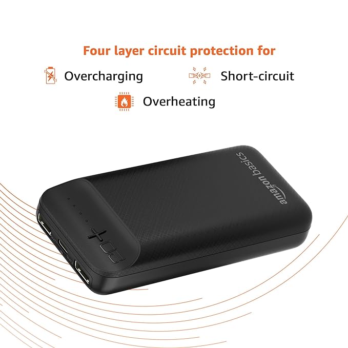 Amazon Basics 20000mAh 12W Lithium-Polymer Power Bank | Dual Input, Dual Output | Black, Type-C Cable Included