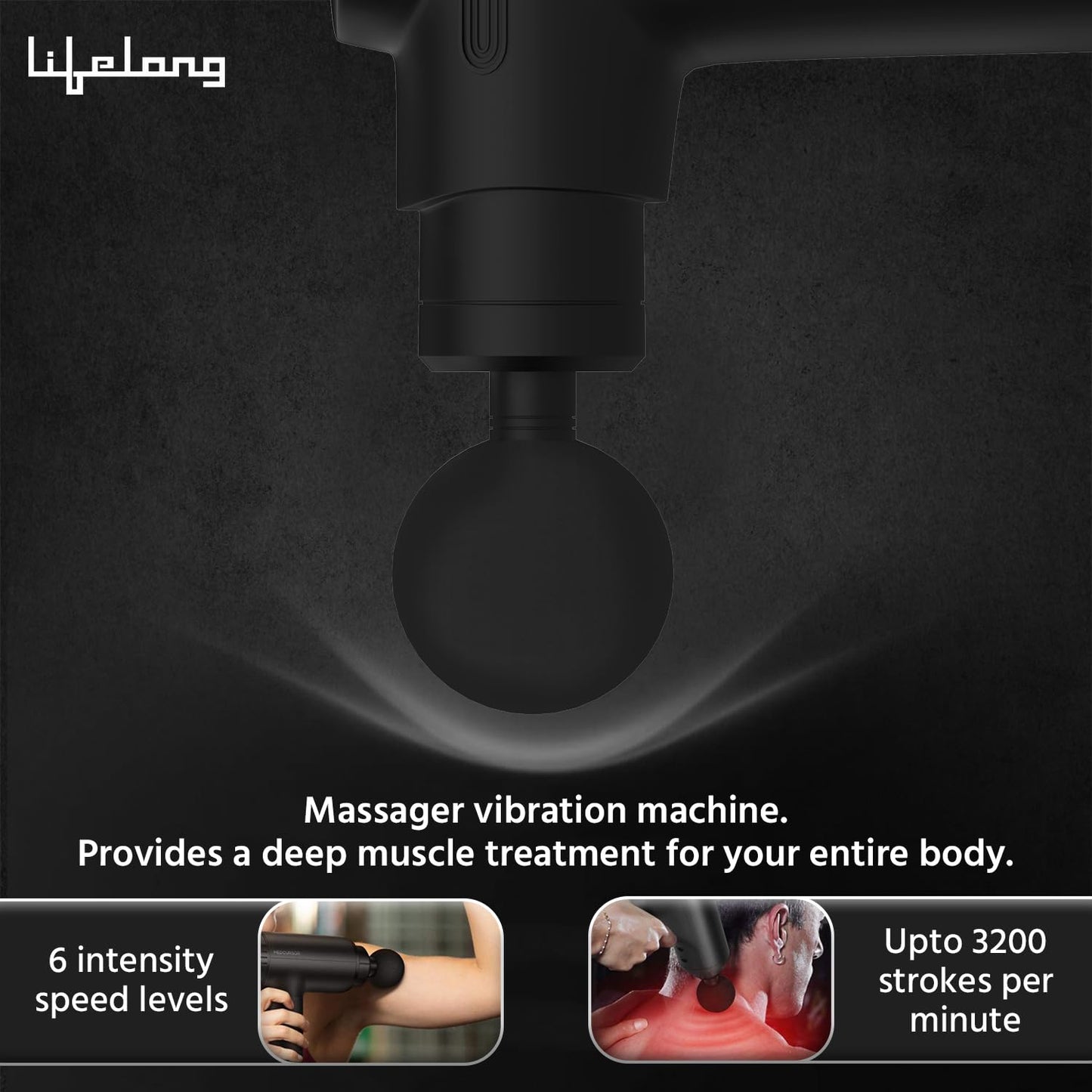 Lifelong LLGM109 Percussion Massage Gun for Pain Relief, Deep Tissue, 6 Speeds & 7 Massage Heads, Cordless, Quiet Operation for Neck, Shoulders, Back, Arms, Legs & Feet (Black)