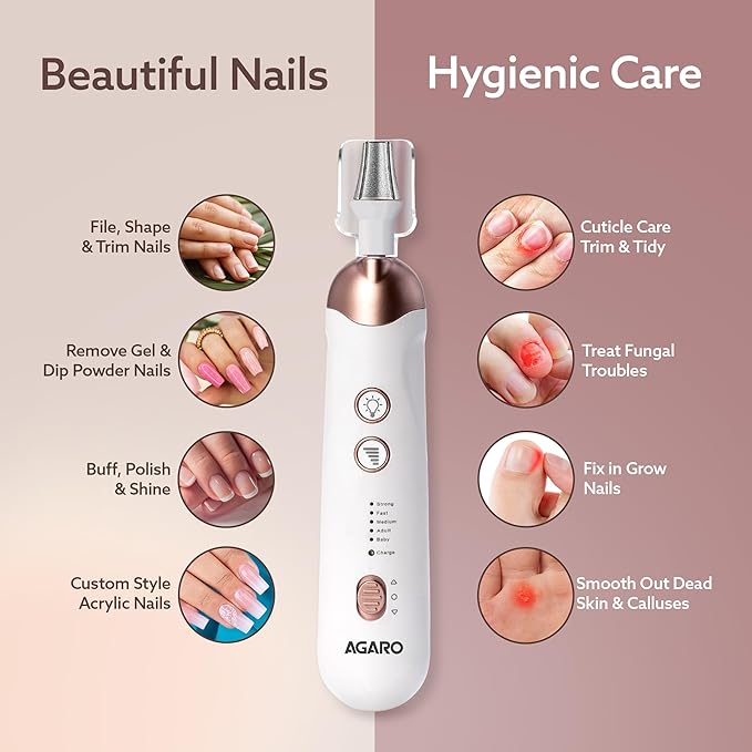 AGARO Prima Nail Drill & Polisher, Professional Nail Care at Home, Electric Nail Polisher, Manicure & Pedicure, Shape, Trim & Polish, 5 Speed, 8 Attachments, Rechargeable with Type C, Women, Men