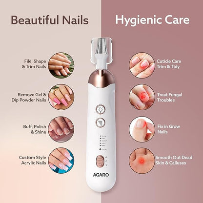 AGARO Prima Nail Drill & Polisher, Professional Nail Care at Home, Electric Nail Polisher, Manicure & Pedicure, Shape, Trim & Polish, 5 Speed, 8 Attachments, Rechargeable with Type C, Women, Men