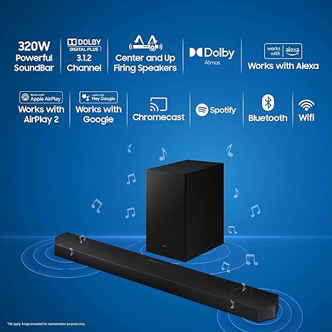 Samsung Q-Symphony soundbar (Q700C/XL) with 3 Channels, 1 subwoofer Channel, and 2 up-Firing Channels, Dolby Atmos with Google & Alexa Smart Speaker (Black)