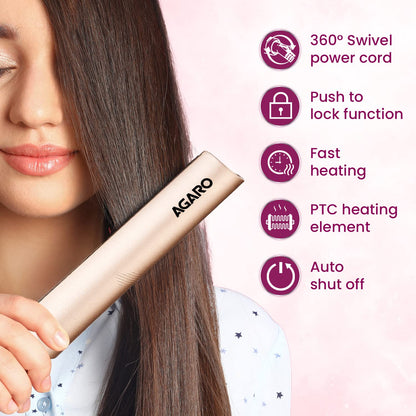 AGARO Hair Straightener, Ceramic Coated Floating Plates, Adjustable Temperature, PTC Heating, Fast Heating Hair Iron, Hair Straightening, Hair Styling For Women, HS1937 Golden