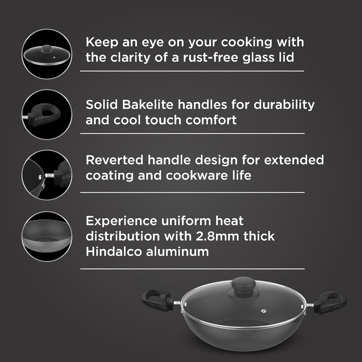 Preethi Daily Collection Non Stick Kadai 24 cm, with Glass Lid, 5 Star Non Stick Effect, Grey