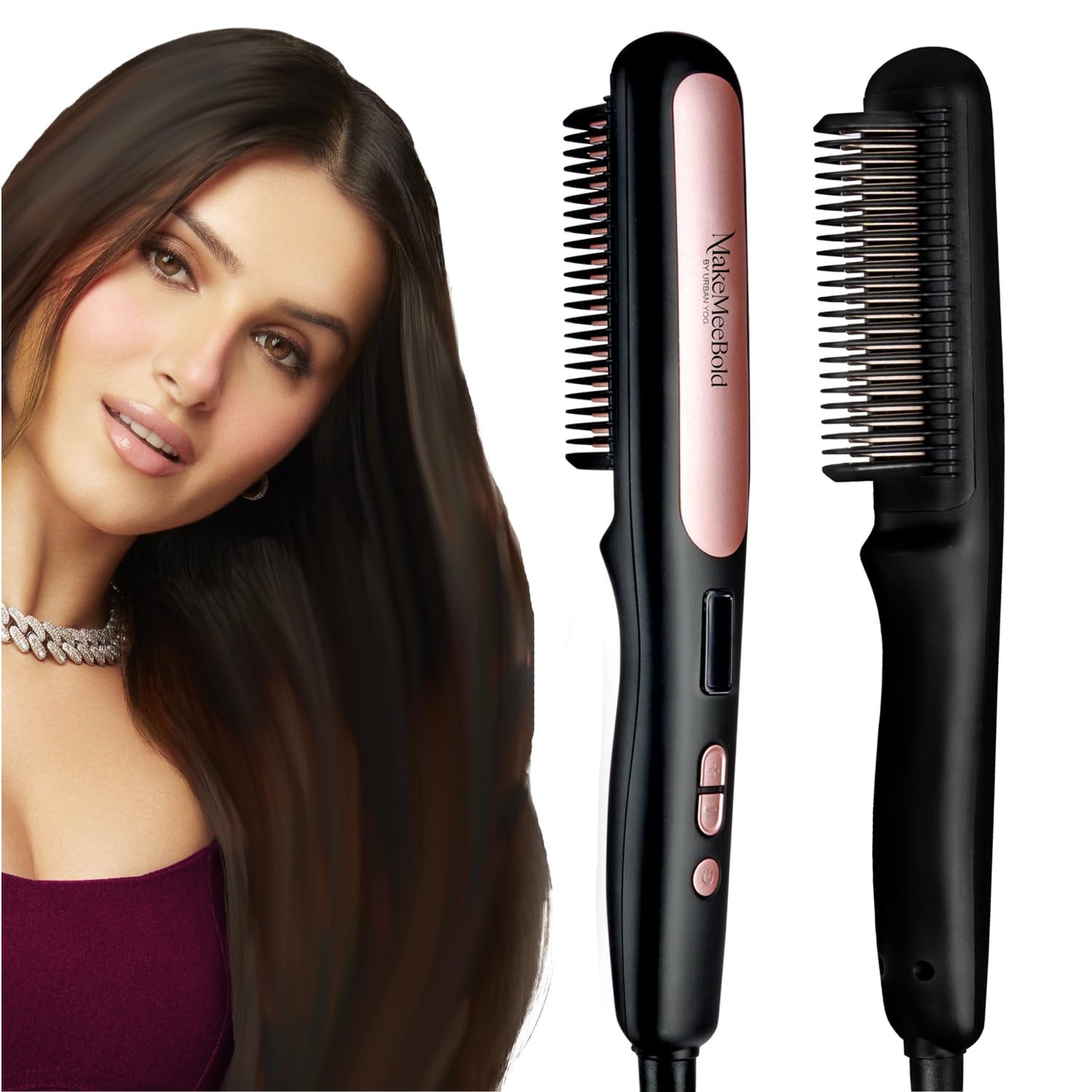Urban yog MakeMeeBold Hair Straightener Brush| Frizz Free Hair | Electric Hair Straightner Comb | With Ceramic Coated Plates, 5 Temperature Controls,1200 Watt, Black