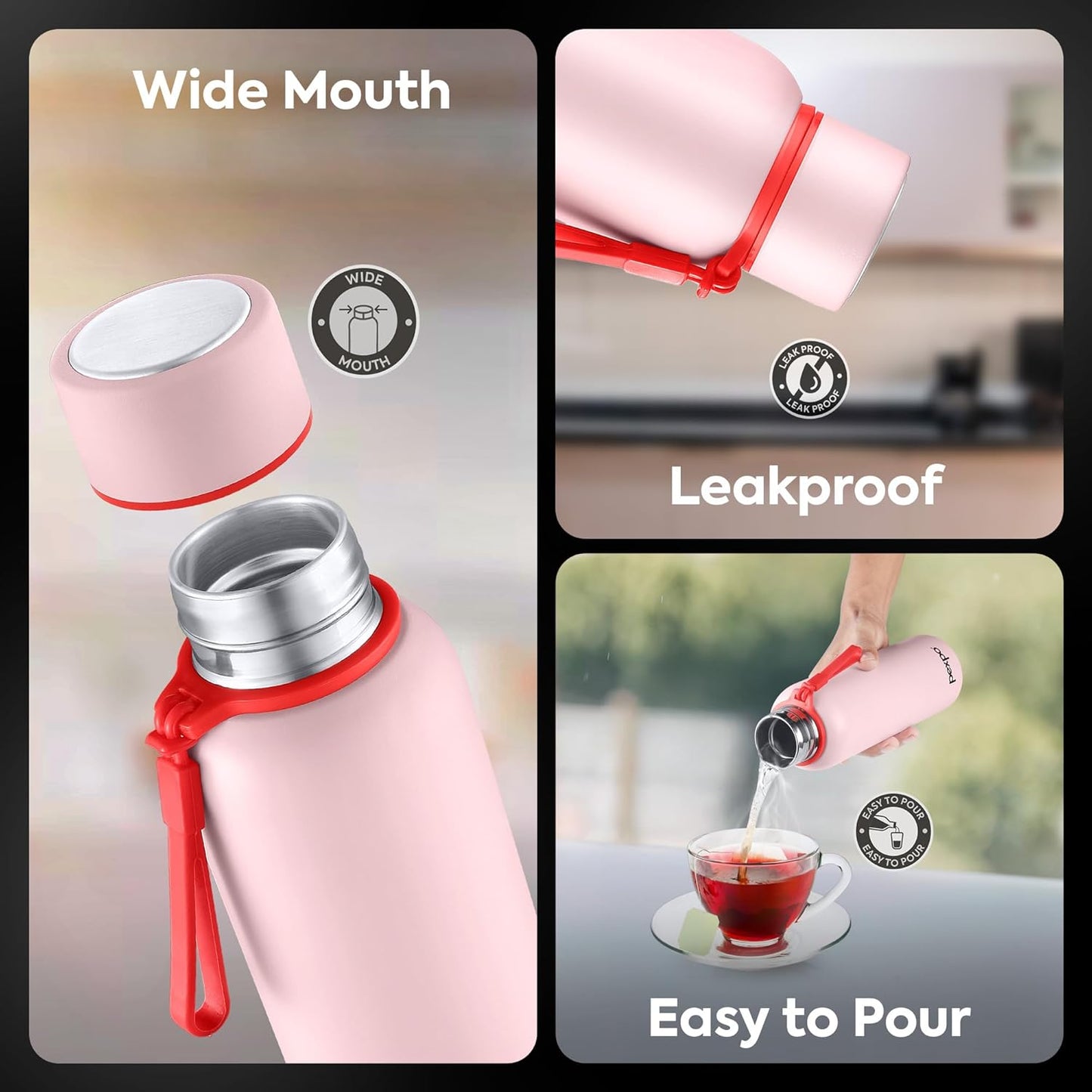 PEXPO Water Bottle 1 LTR Stainless Steel | Hot and Cold Flask | ISI Certified Steel Bottle | Three Layer Insulation | Leakproof | for Home, Office | 1-Year Warranty |Bravo 1000| Baby Pink