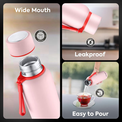 PEXPO Water Bottle 1 LTR Stainless Steel | Hot and Cold Flask | ISI Certified Steel Bottle | Three Layer Insulation | Leakproof | for Home, Office | 1-Year Warranty |Bravo 1000| Baby Pink
