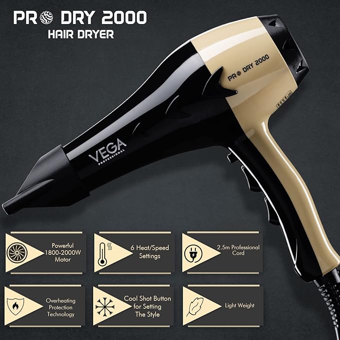 VEGA PROFESSIONAL Pro Dry 1800-2000W Hair Dryer for Salon Professionals & Every day Styling at Home | Cool Shot Button and 3 Heat & 2 Speed Settings, Gold, (VPVHD-04)