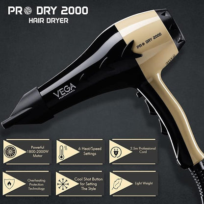 VEGA PROFESSIONAL Pro Dry 1800-2000W Hair Dryer for Salon Professionals & Every day Styling at Home | Cool Shot Button and 3 Heat & 2 Speed Settings, Gold, (VPVHD-04)