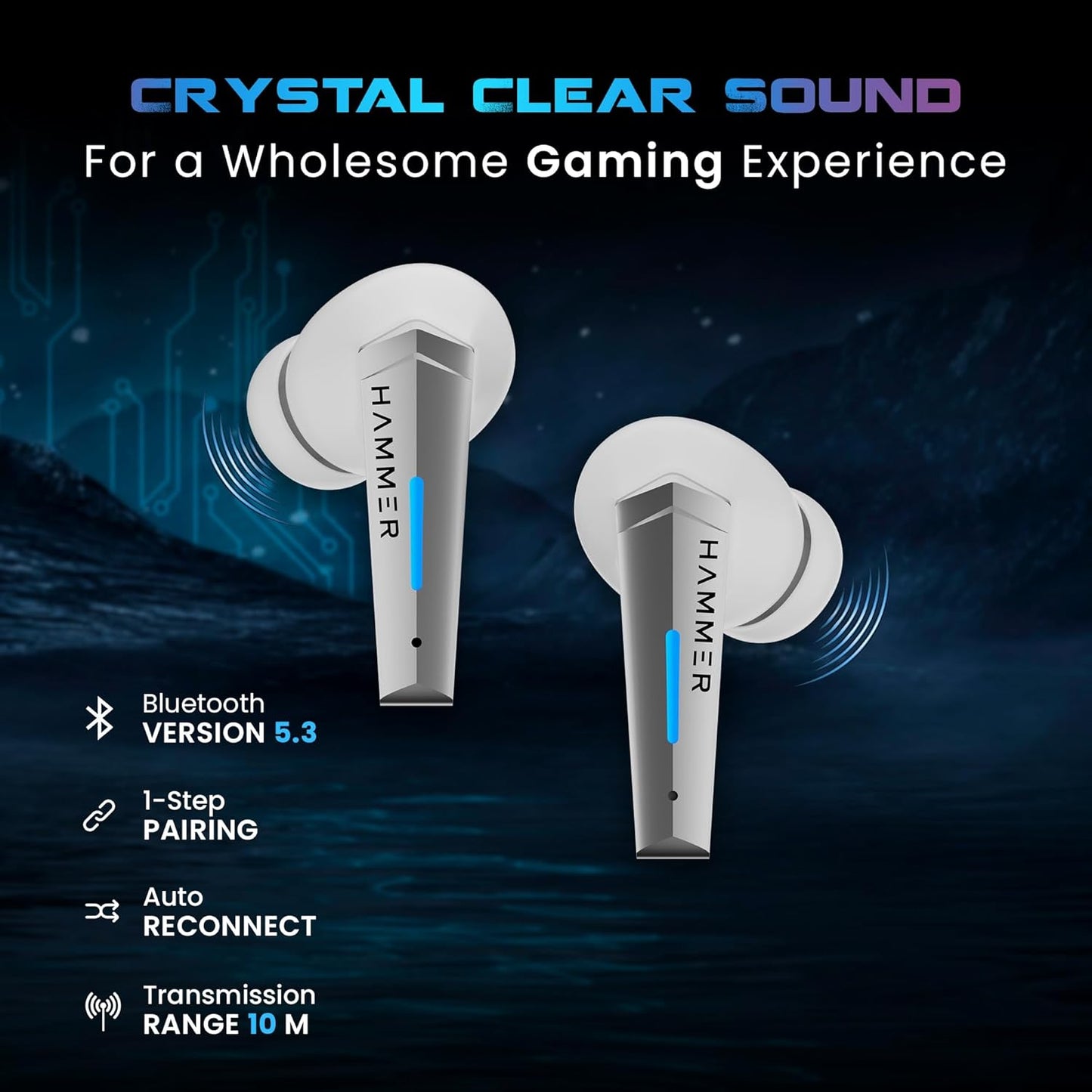 HAMMER Arcade True Wirelss Gaming Earbuds with RGB Lights, 50ms Low Latency, Type-C Charging, IPX5, Deep Bass, 20H Playtime, Bluetooth v5.3, Made in India (White)