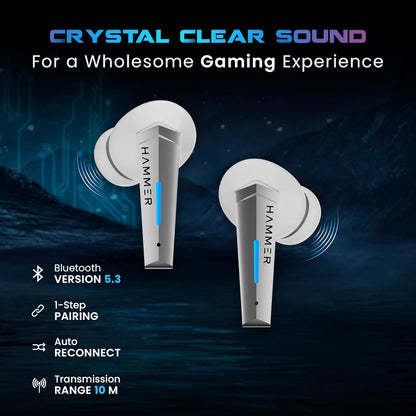 HAMMER Arcade True Wirelss Gaming Earbuds with RGB Lights, 50ms Low Latency, Type-C Charging, IPX5, Deep Bass, 20H Playtime, Bluetooth v5.3, Made in India (White)