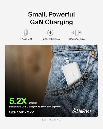 Belkin 65W (45W+20W) Two Ports USB -C GaN Charger | Fast Charging PD | GaN Technology for iPhone Series (16, 16 Pro Max), iPad Pro 12.9, MacBook, Samsung Galaxy S24, & More | 2 Years Warranty
