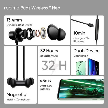 Realme Buds Wireless 3 Neo in Ear Bluetooth Neckband with 13.4 Mm Dynamic Bass Boost Driver,Upto 32 Hours Playback,Fast Charge, Ai Enc,45Ms Low Latency,Ip55 Dust&Water Resistannt&Bluetooth V 5.4 (Black)
