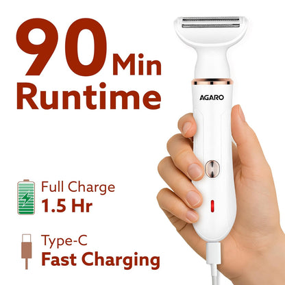 AGARO Female Multi Trimmer – Facial Hair Removal Machine, Bikini Trimmer, Eyebrow & Nose Hair Trimmer Painless body hair trimming Type-C charging, up to 90 minutes runtime, White 3117