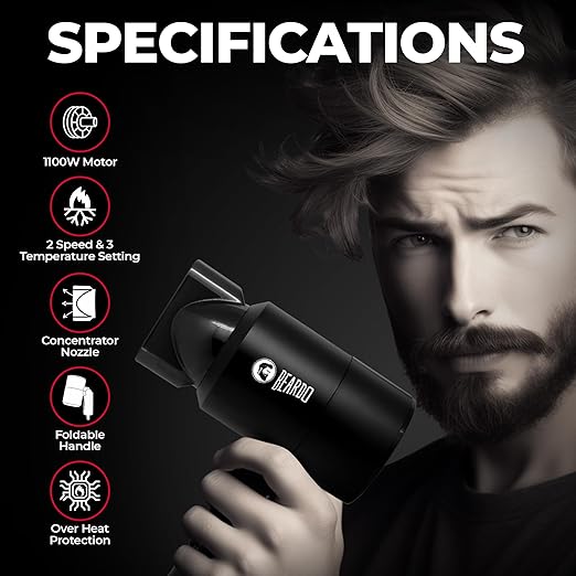 BEARDO Styling Gun Ultra Compact Hair Dryer | 1100 Watts Foldable Hair Dryer | 3 Heat 2 Speed Setting | Hair Dryer For Men | Travel Friendly | Stylish Matte Black Finish | Gift For Brother | Gift For Friends | Gift for Husband
