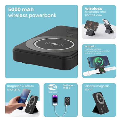 Stuffcool PB9063W 5000mAh Magnetic Powerbank Compatible with Apple Watch Charging and Leather Kick Stand - Black