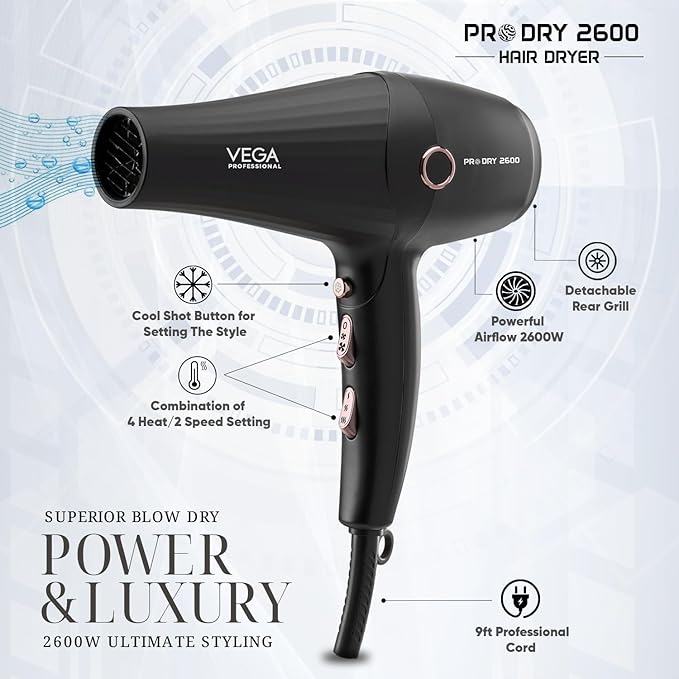VEGA PROFESSIONAL Pro Dry 2600W Hair Dryer for Women & Men, Professional Blow Dryer with Combination of 4 Heat & 2 Speed Settings, Cool Shot Button & 16 Amp Plug, Salon Hair Styling at Home (VPPHD-11)