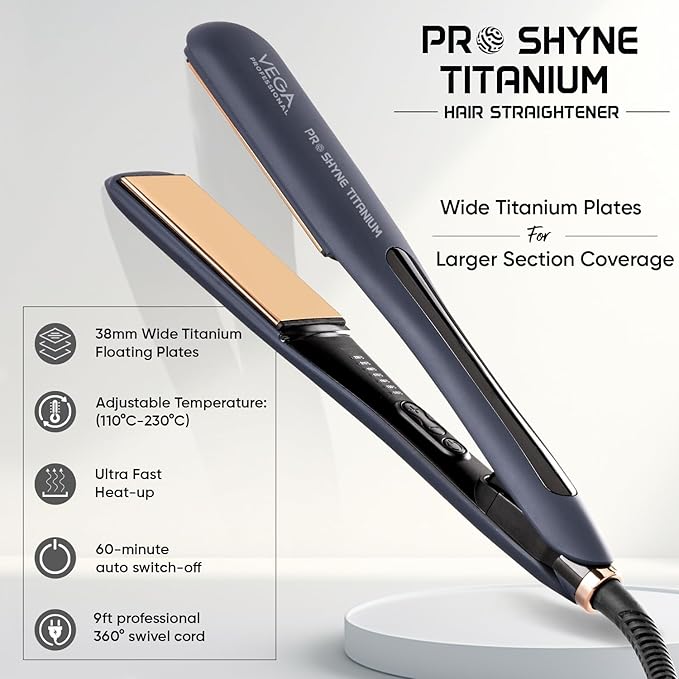 VEGA PROFESSIONAL Pro-Shine Titanium Hair Straightener with 38mm Wide Rose Gold Titanium Floating Plates for Salon, Blue, (VPPHS-14)